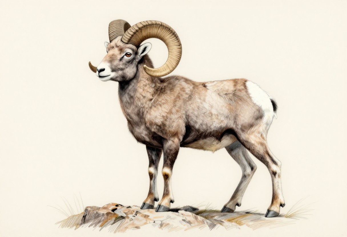 Colored-pencil illustration of a bighorn sheep ram with a tan-brown coat, a white rump patch, and massive curled horns