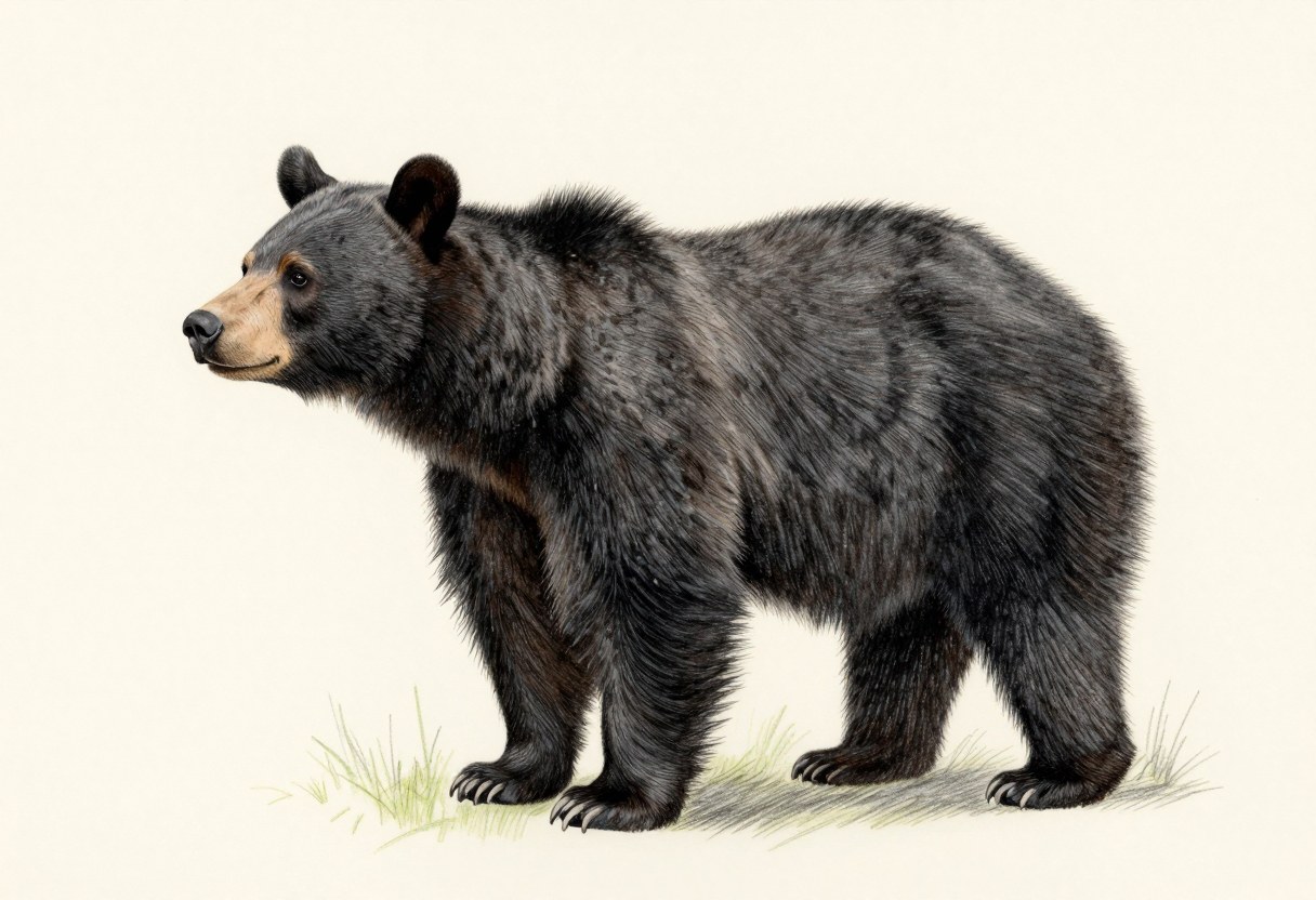 Colored-pencil illustration of a black bear with black fur, a tan brown muzzle, small rounded ears, and a straight facial profile