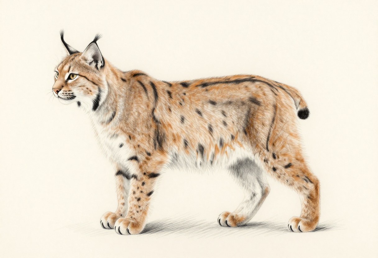 Colored-pencil illustration of a bobcat with a spotted tan coat, tufted ears, a ruff of facial fur, and a short bobbed tail