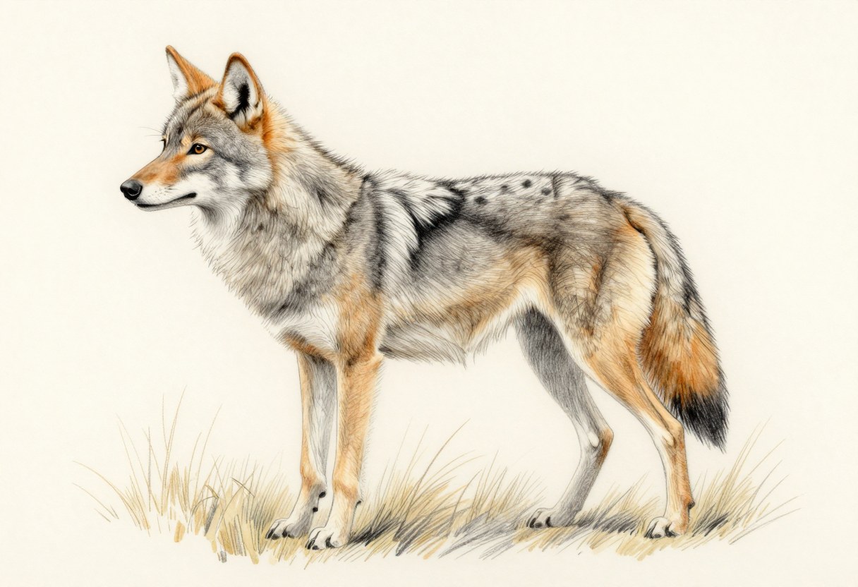 Colored-pencil illustration of a coyote with gray and tan fur, rusty ears and legs, a narrow pointed muzzle, and a bushy black-tipped tail