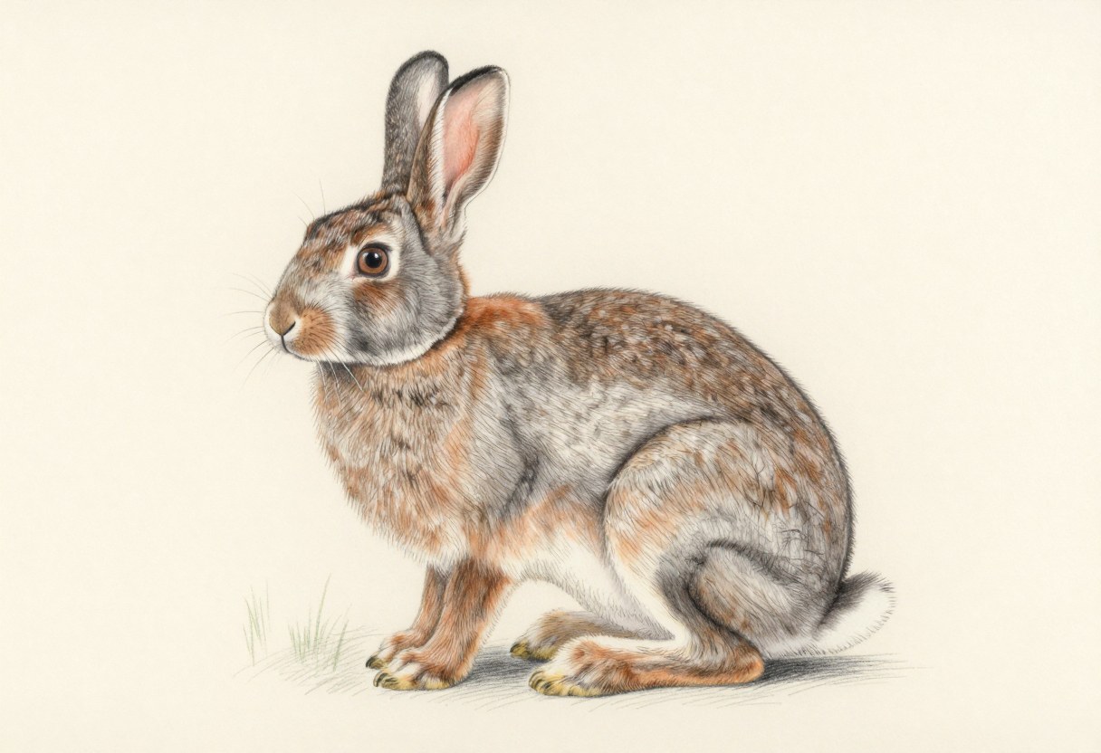 Colored-pencil illustration of an eastern cottontail rabbit with a brown-gray coat, a rusty nape, and a round fluffy white tail