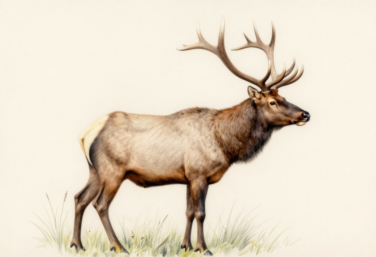 Colored-pencil illustration of a bull elk with a tan body, a dark brown neck and mane, a pale rump patch, and large antlers with long forward-pointing tines