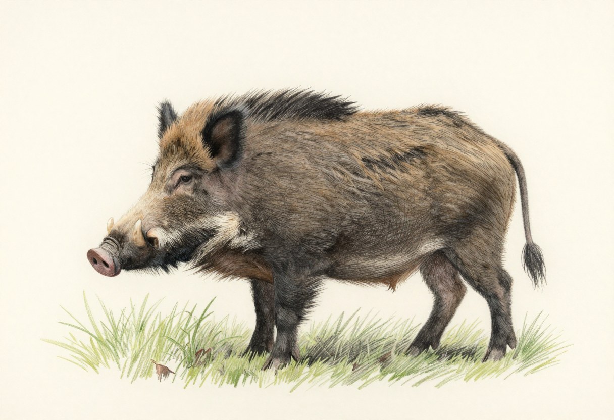 Colored-pencil illustration of a feral hog with coarse dark bristly hair, a long narrow snout, small ears, short tusks, and a thin tufted tail