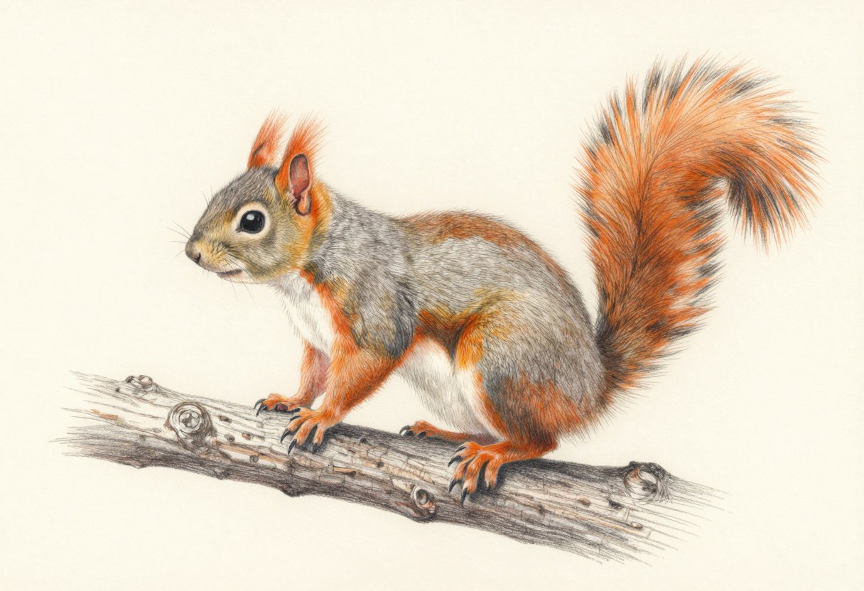 Colored-pencil illustration of a fox squirrel with a rusty orange-buff belly, a gray-brown back, and a bushy tail edged in orange