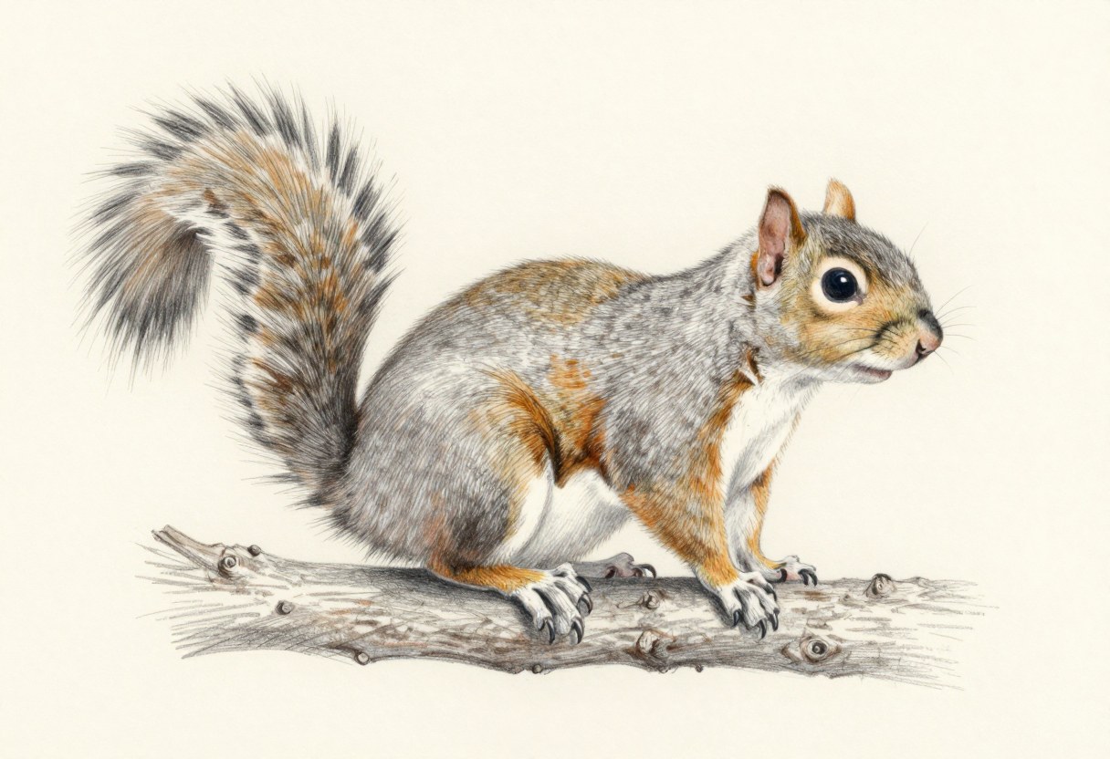 Colored-pencil illustration of an eastern gray squirrel with gray fur, a white belly, and a bushy tail fringed with white