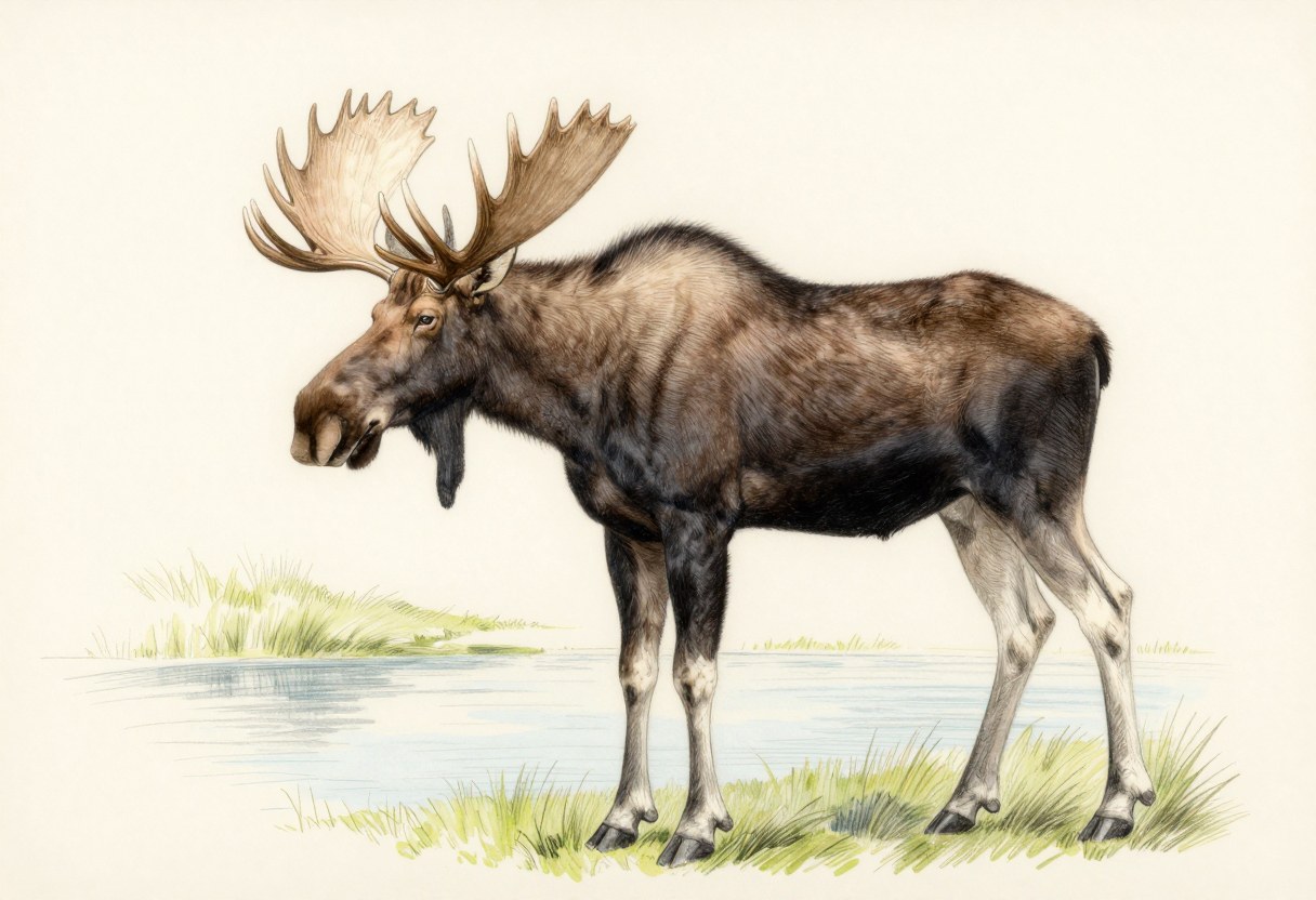 Colored-pencil illustration of a bull moose with a tall dark brown body, a shoulder hump, a long drooping snout, a dewlap, and broad flat palm-shaped antlers