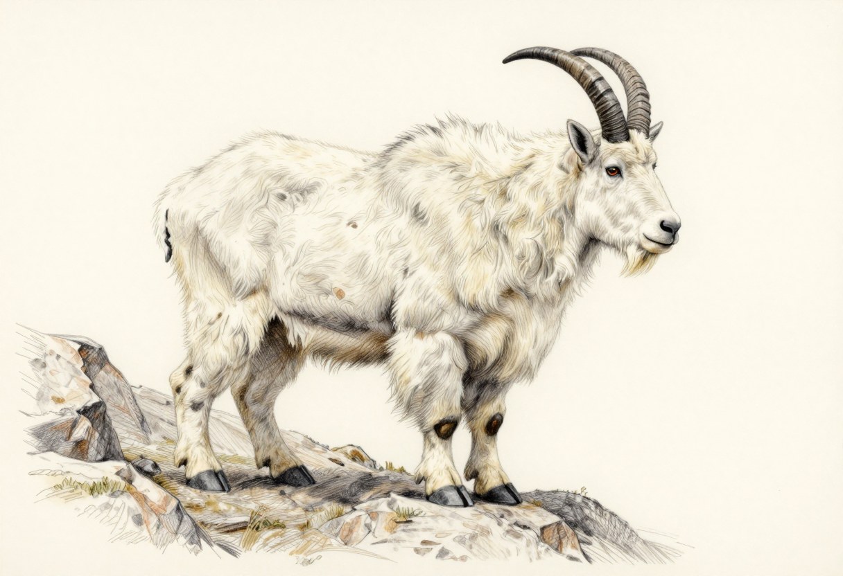 Colored-pencil illustration of a mountain goat with a shaggy white coat, short black curved horns, a small beard, and black hooves