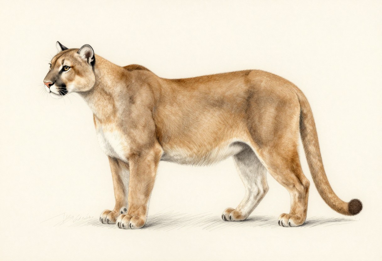 Colored-pencil illustration of a mountain lion with a uniform tawny coat, a long thick dark-tipped tail, a small round head, and a white chin