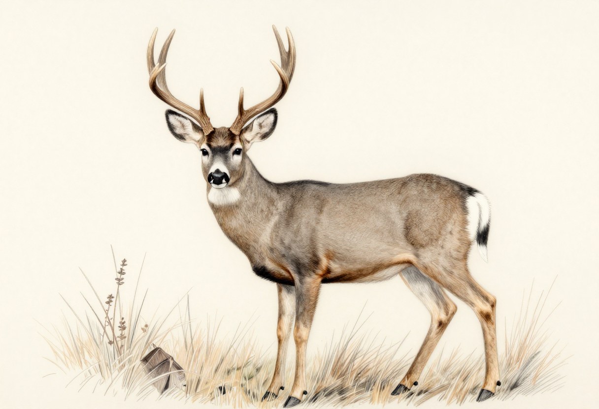 Colored-pencil illustration of a mule deer buck with a gray-brown coat, a white rump patch with a black-tipped tail, and antlers that fork into branches