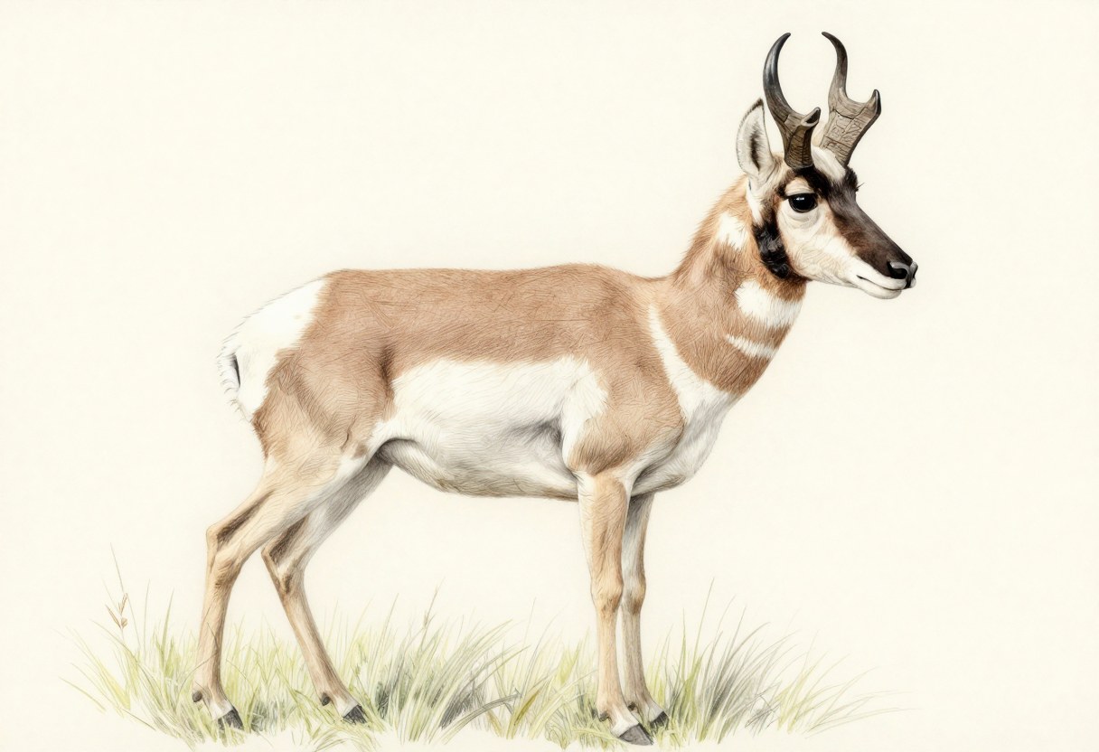 Colored-pencil illustration of a pronghorn buck with a tan back, white belly, white rump patch, black face patch, and short black horns with a forward prong