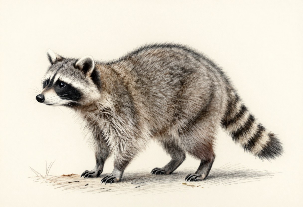 Colored-pencil illustration of a raccoon with gray-brown fur, a black mask, a pointed snout, and a bushy ringed tail