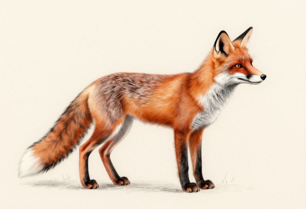 Colored-pencil illustration of a red fox with a rusty orange-red coat, black legs, a white chest, and a bushy tail with a white tip