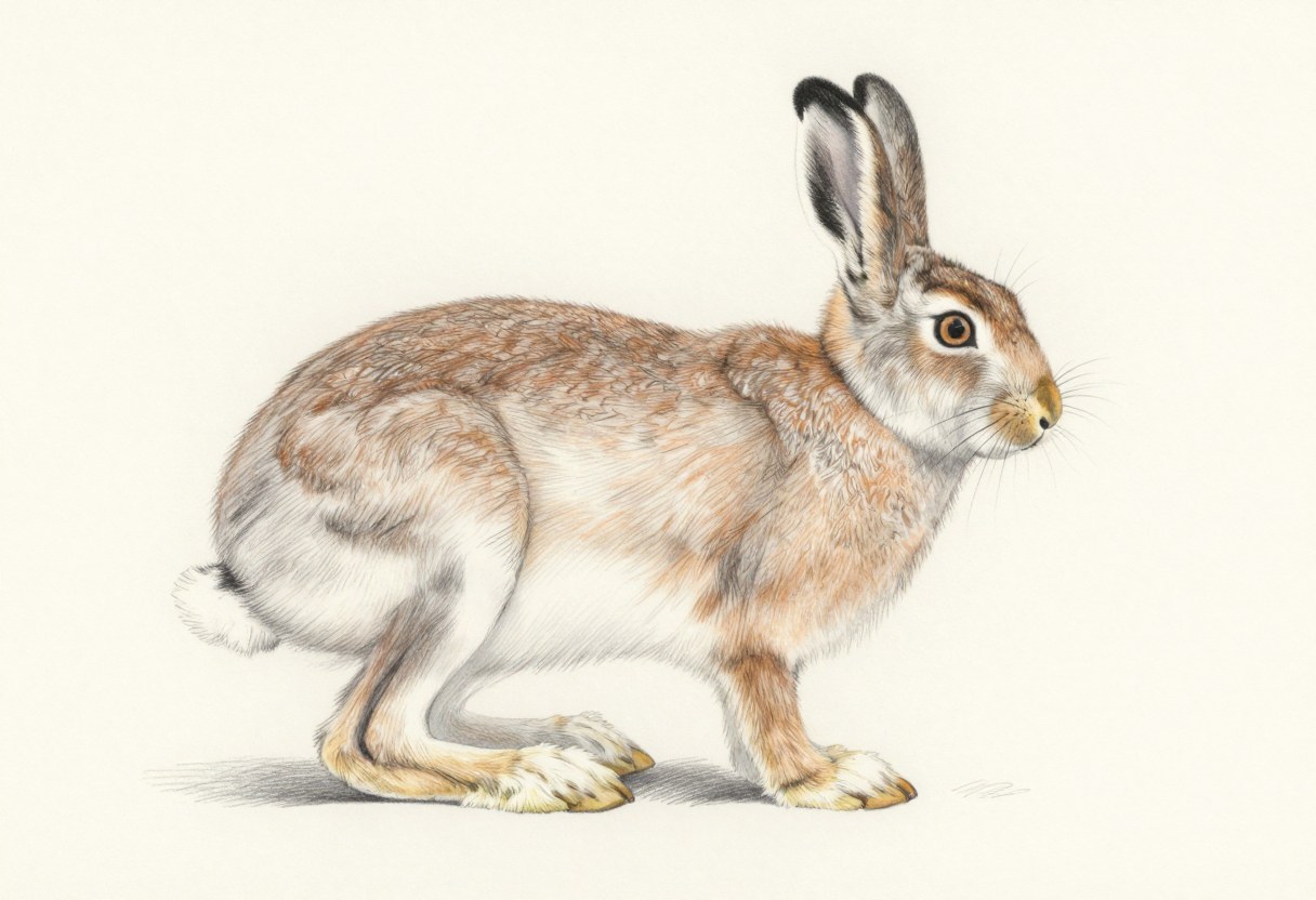 Colored-pencil illustration of a snowshoe hare with a brown coat, large furry hind feet, long black-tipped ears, and a white belly