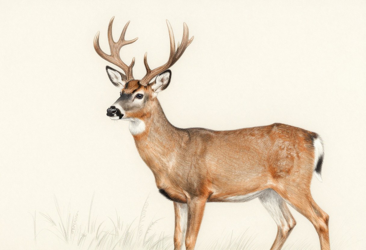 Colored-pencil illustration of a white-tailed deer buck with a reddish-brown coat, a white throat patch, and branching antlers with tines rising from a main beam