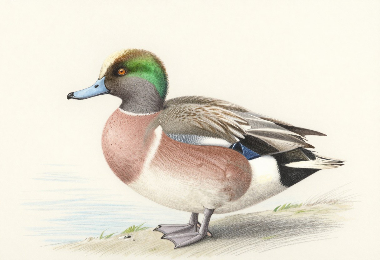 Colored-pencil illustration of a male American wigeon with a white forehead, a green stripe behind the eye, a speckled gray head, pinkish-brown flanks, and a pale blue bill with a black tip