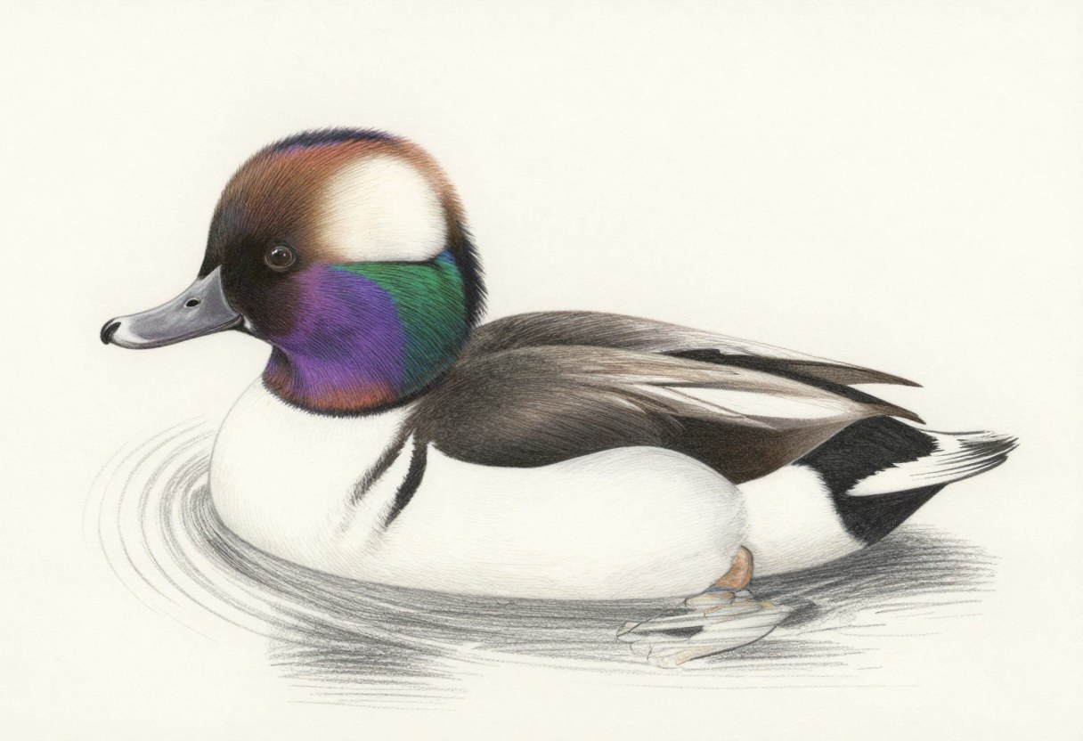 Colored-pencil illustration of a male bufflehead with a large white patch on the head, an iridescent purple and green cheek, white underparts, a black back, and a small gray bill