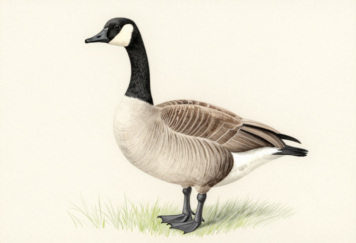 Colored-pencil illustration of a Canada goose with a black head and long black neck, a white chinstrap, a brown-gray back, a tan breast, and a white rump patch above a black tail