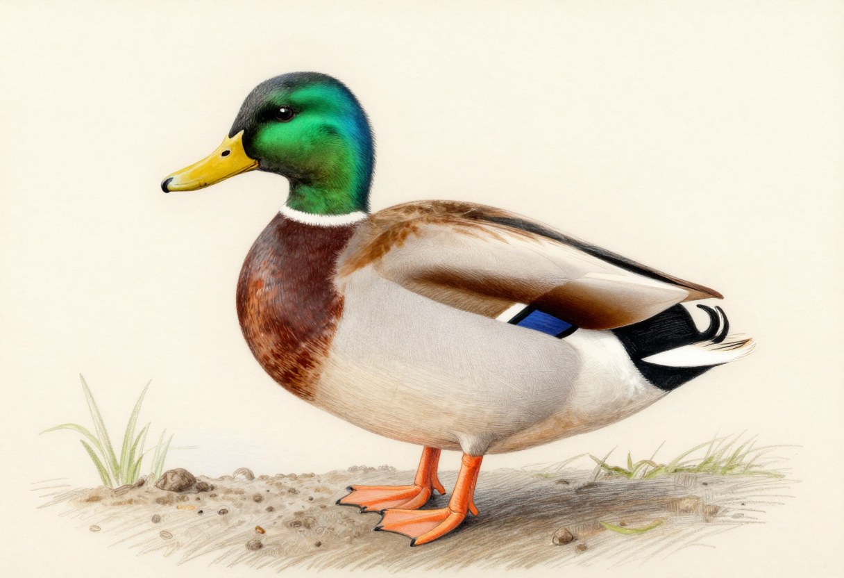 Colored-pencil illustration of a male mallard with a green head, white neck ring, chestnut breast, gray body, curled black tail feathers, and a yellow bill