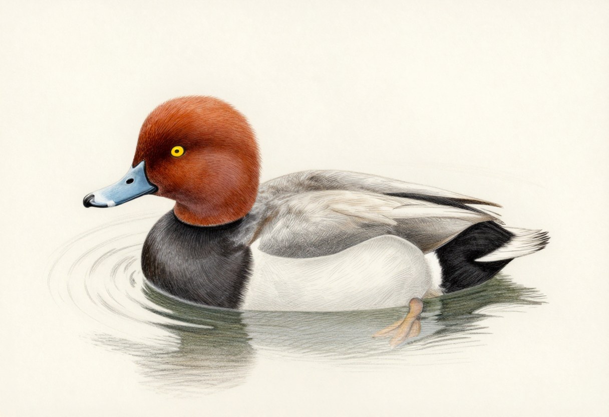 Colored-pencil illustration of a male redhead with a round rust-red head, black breast, gray body, and a pale blue bill with a dark tip