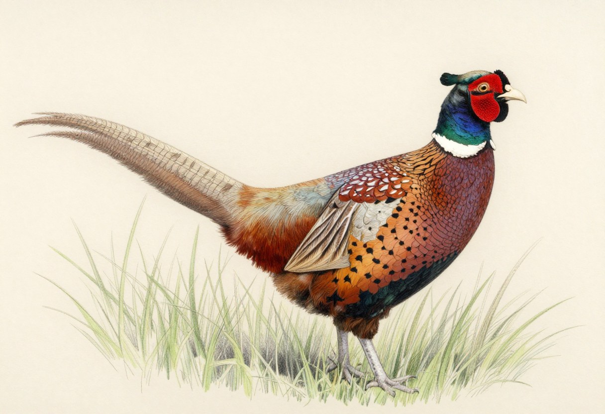 Colored-pencil illustration of a male ring-necked pheasant with a green head, red face wattle, white neck ring, copper-bronze body, and a long barred tail
