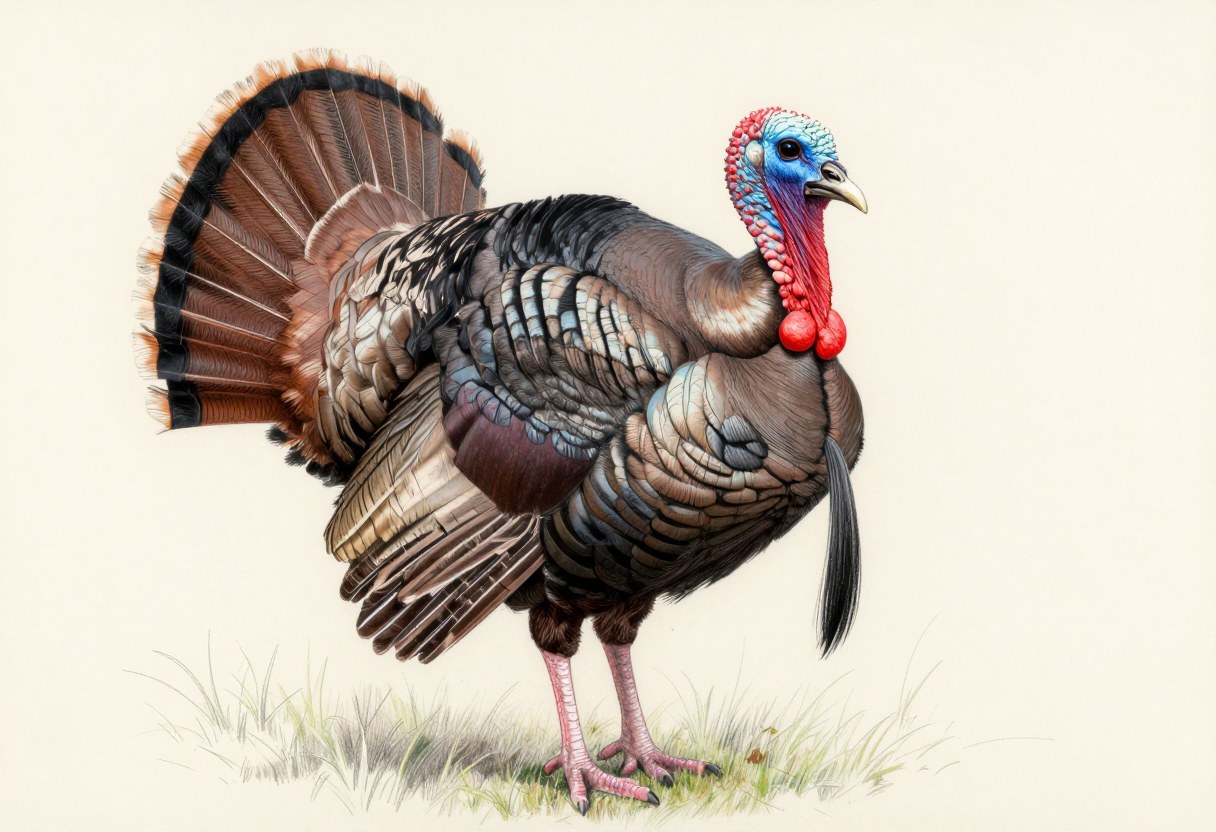 Colored-pencil illustration of a male wild turkey with a bare blue and red head, red wattles, dark bronze feathers, a fanned tail, a thin black beard hanging from the chest, and long pink legs