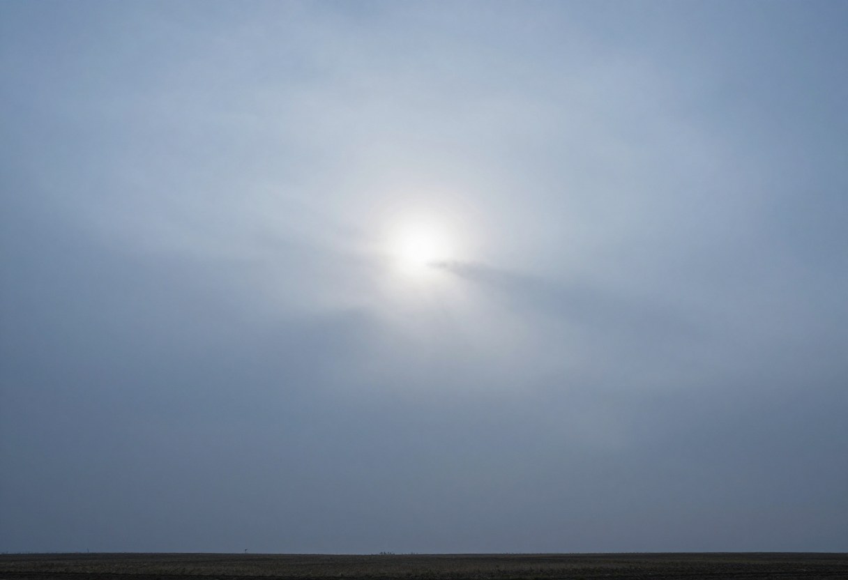 Photo-style AI-generated image of a uniform gray-blue cloud sheet with the sun showing as a dim pale disc