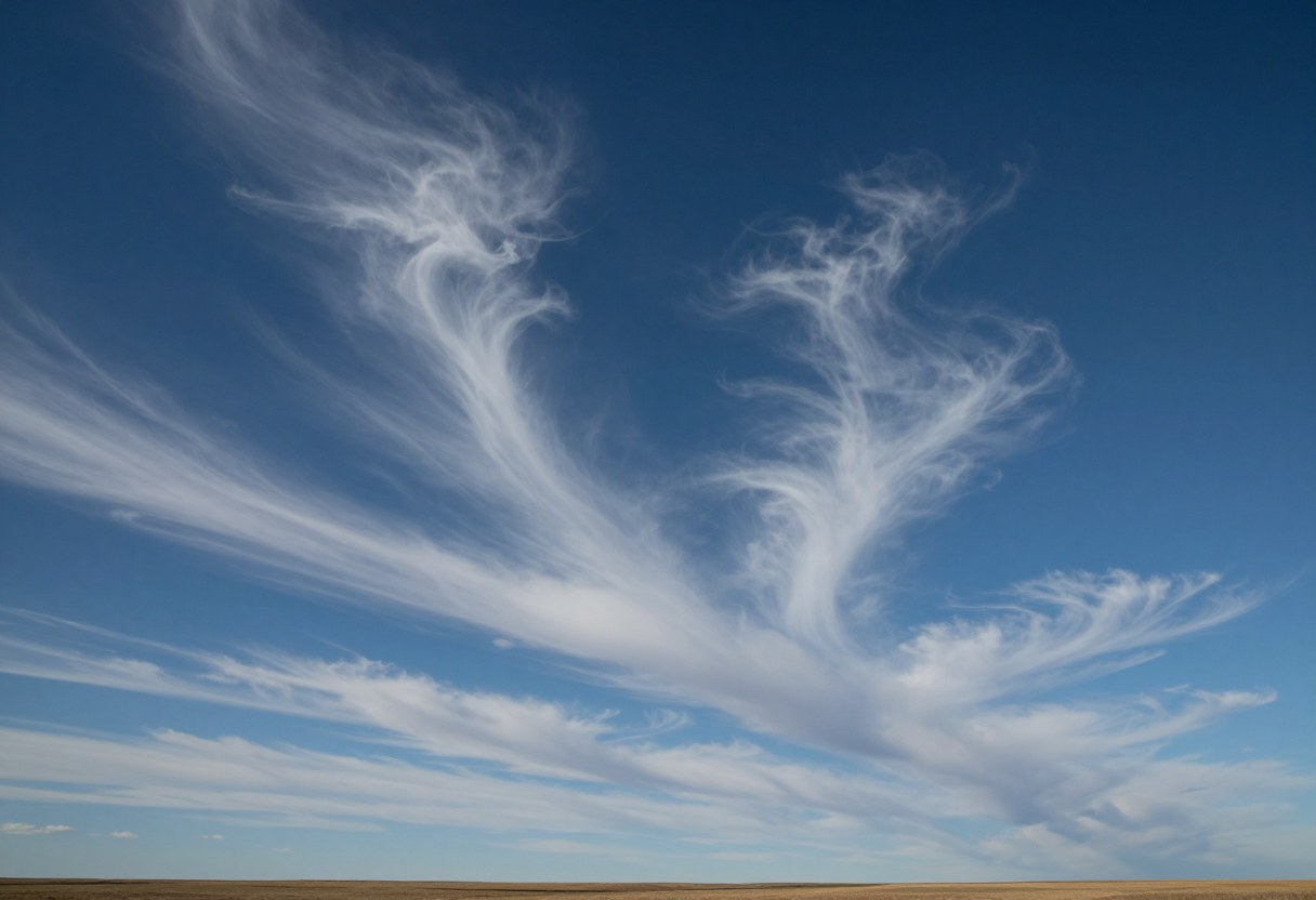 Photo-style AI-generated image of thin, wispy white cirrus clouds high in a deep blue sky