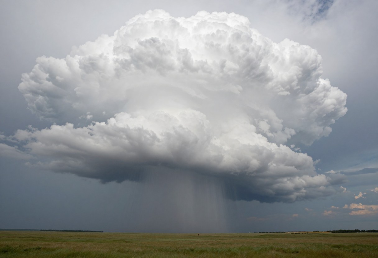 Photo-style AI-generated image of a towering thunderstorm cloud with a dark base, a cauliflower top spreading outward, and a curtain of rain falling beneath it over a prairie