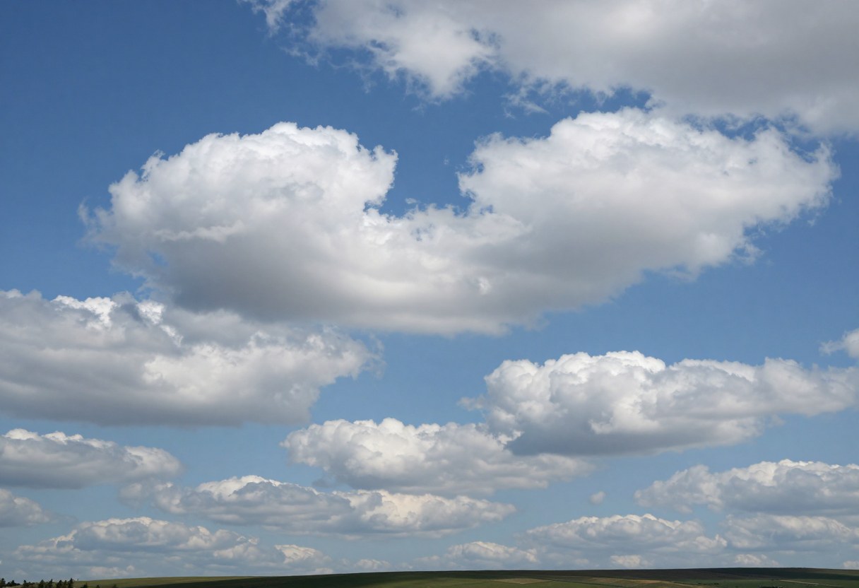 Photo-style AI-generated image of puffy white fair-weather cumulus clouds with flat bases across a bright blue sky over green fields