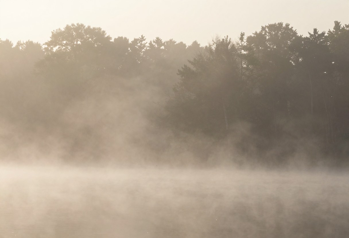 Photo-style AI-generated image of dense ground fog over a calm lake at dawn with tree silhouettes fading into the mist