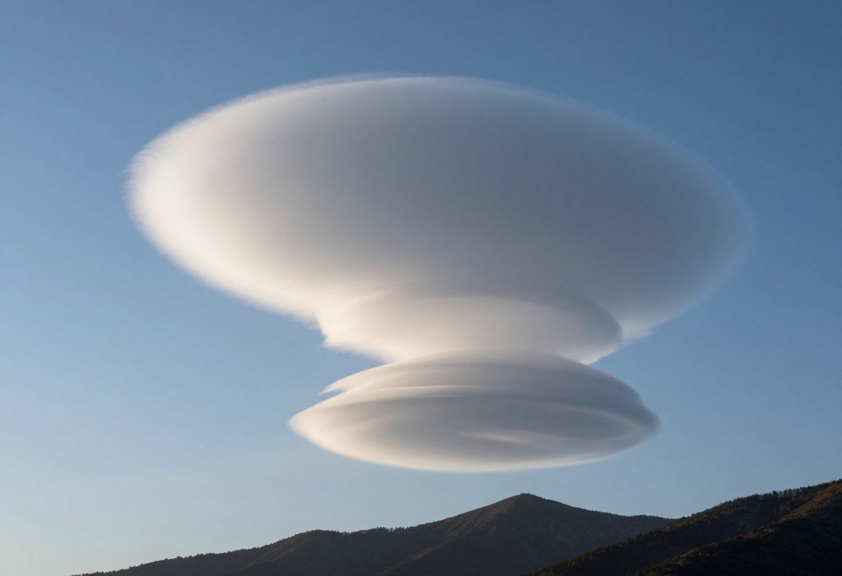 Photo-style AI-generated image of smooth lens-shaped lenticular clouds stacked above a mountain peak at sunrise