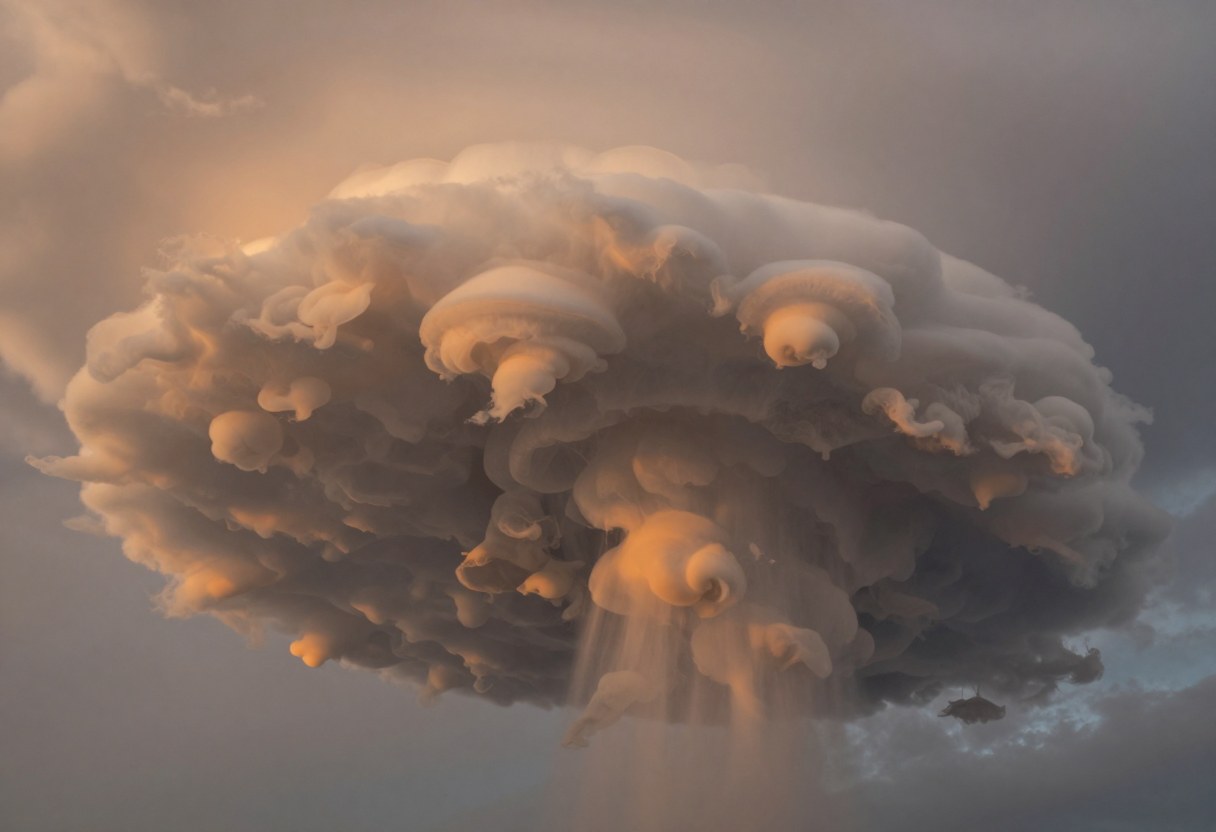 Photo-style AI-generated image of a large storm cloud in golden evening light with rounded, bulging pouch-like lobes hanging from its underside