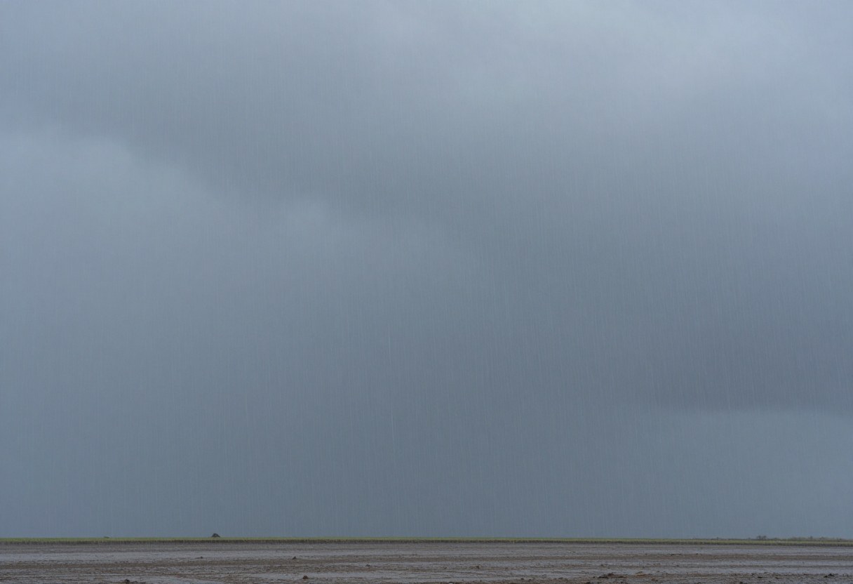 Photo-style AI-generated image of a uniform, featureless dark gray overcast sky over a wet, flat landscape with rain falling
