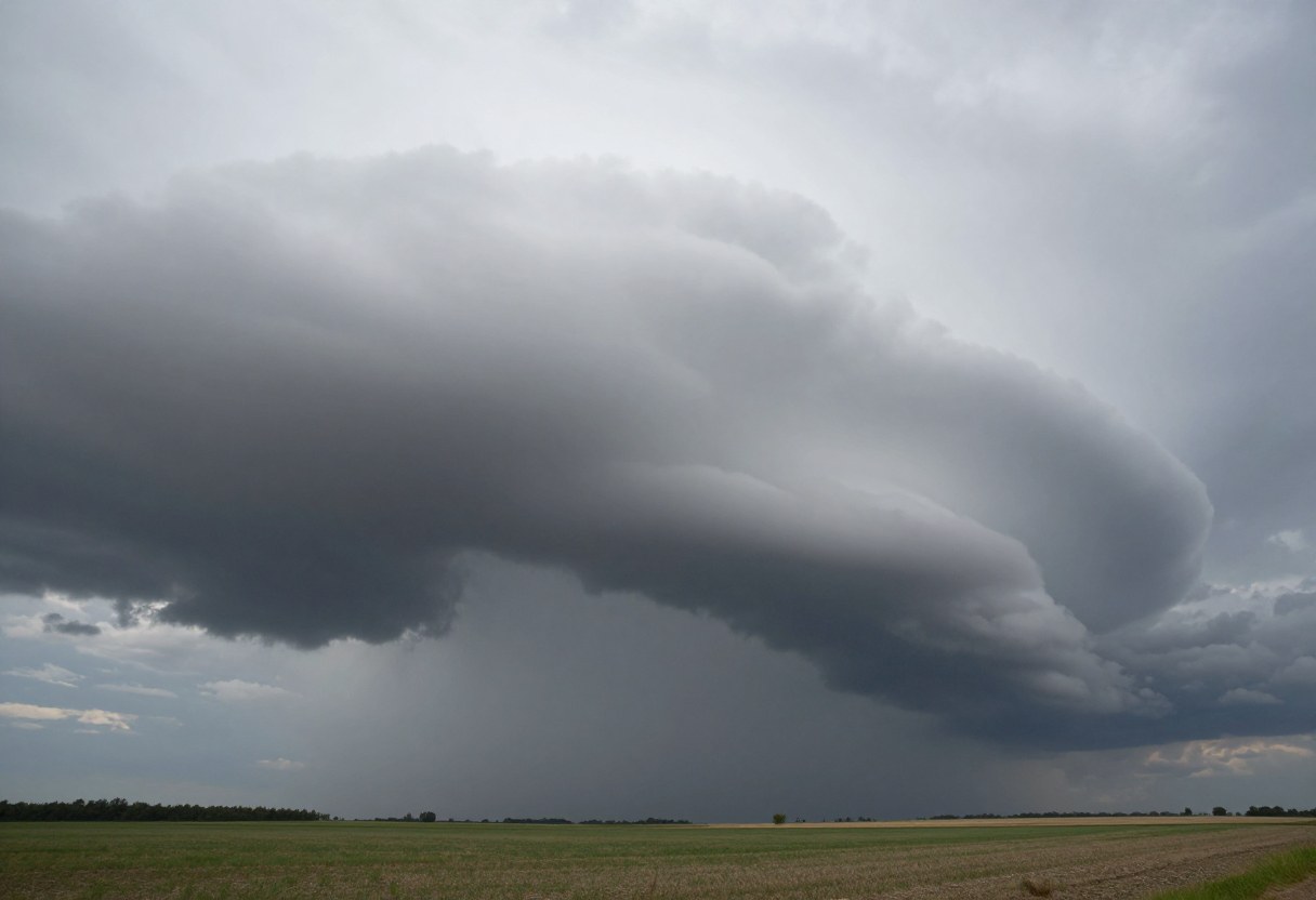 Photo-style AI-generated image of a dark, layered shelf cloud spreading low across the sky ahead of a thunderstorm over a farm field
