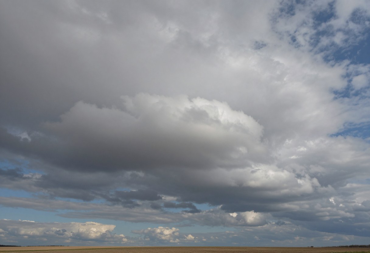 Photo-style AI-generated image of low lumpy gray and white stratocumulus rolls over farmland with a few blue gaps