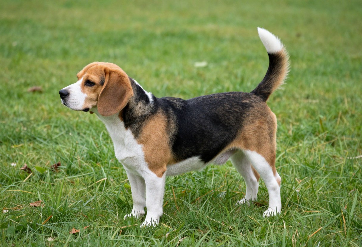 AI-generated photo of a tricolor beagle with black, tan, and white coat and a white-tipped tail held up, standing in grass