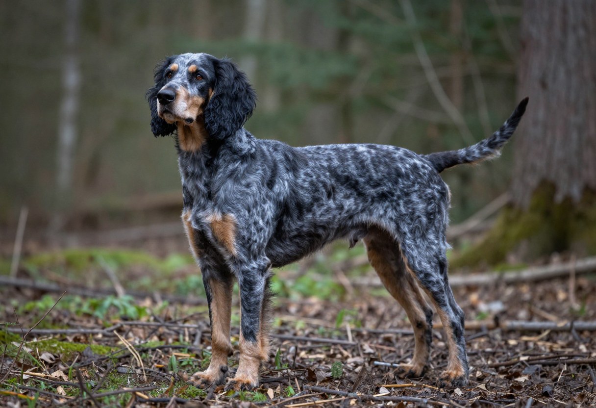 AI-generated photo of a blue-gray mottled hound with black ears and tan legs standing in woods