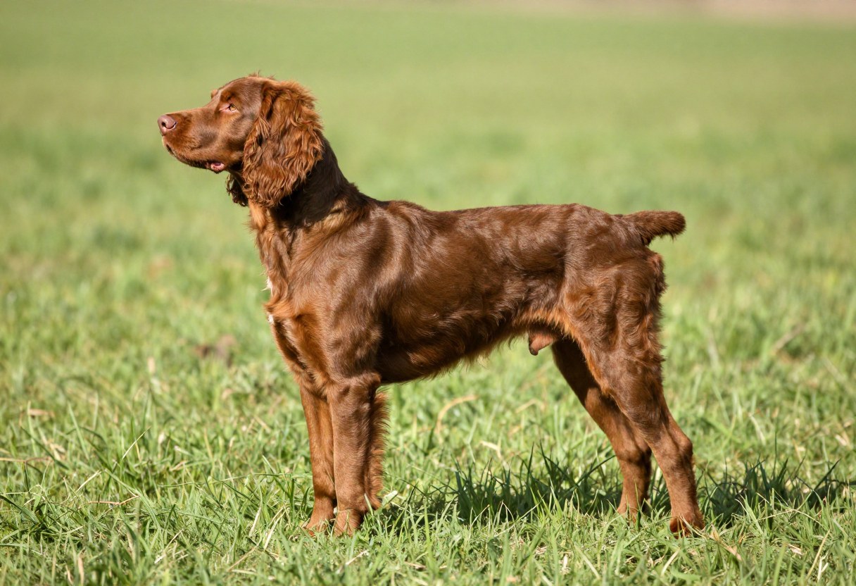 AI-generated photo of a solid brown spaniel-type dog with a wavy coat standing in a field