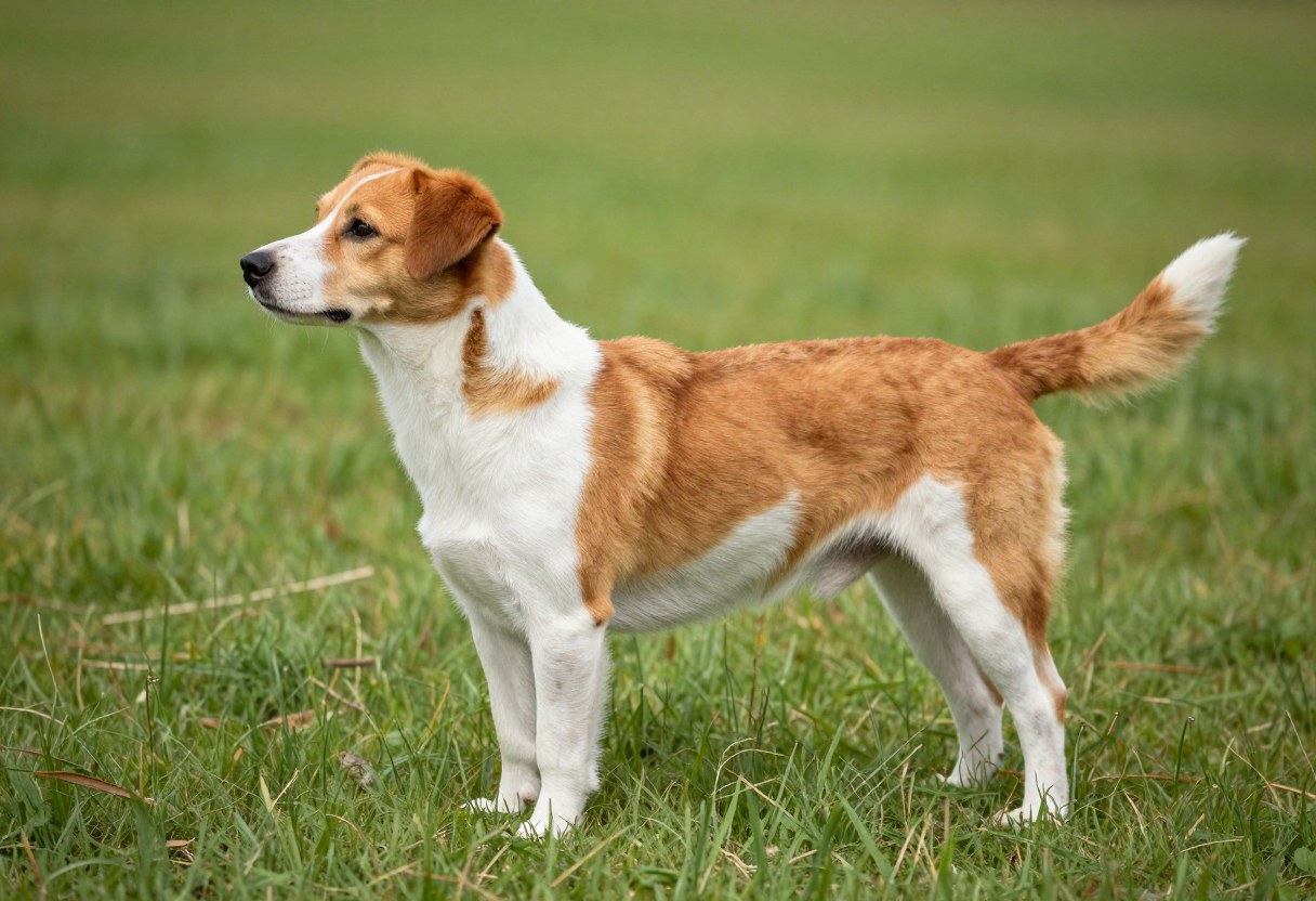 AI-generated photo of a medium-sized orange and white dog with floppy ears standing in a grass field