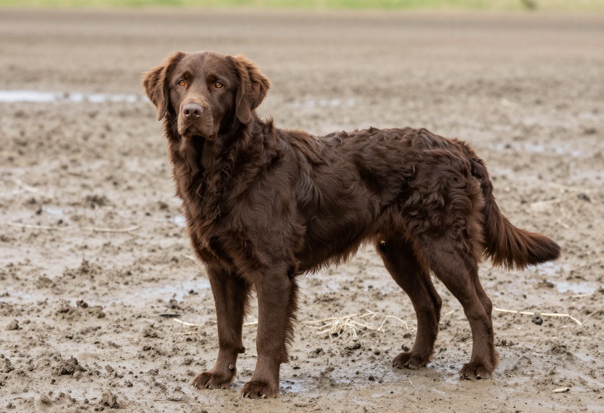 AI-generated photo of a dark brown wavy-coated retriever standing on a muddy shoreline