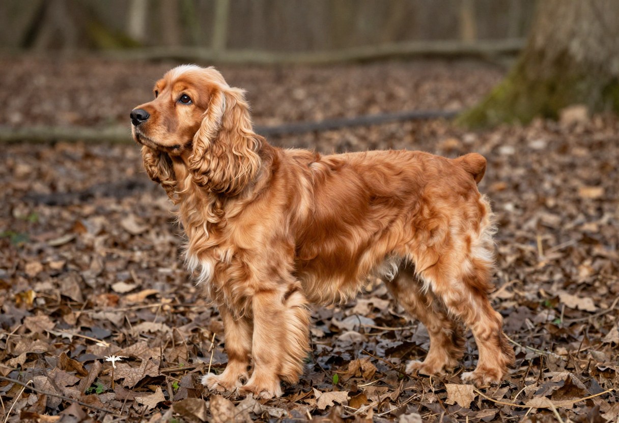 AI-generated photo of a small orange spaniel with long silky ears standing in leaf litter at the edge of woods