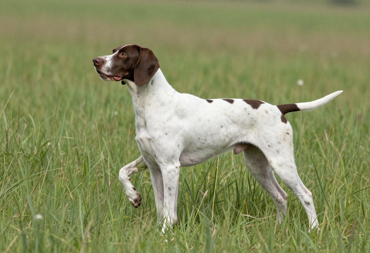 AI-generated photo of a lean white pointer with liver-brown patches on the head and back, standing in tall grass with one front paw raised