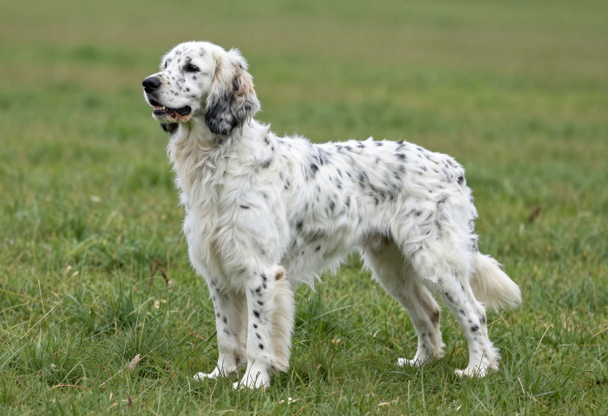 AI-generated photo of a white setter flecked with black ticking and long silky feathering, standing in a grassy field