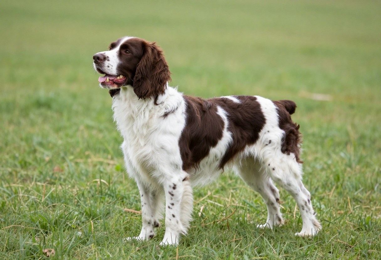 AI-generated photo of a liver and white spaniel with feathered ears standing in a field