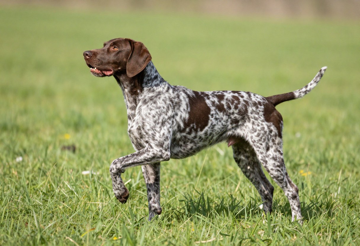 AI-generated photo of a liver and white ticked pointing dog with one front paw raised, standing in a grass field