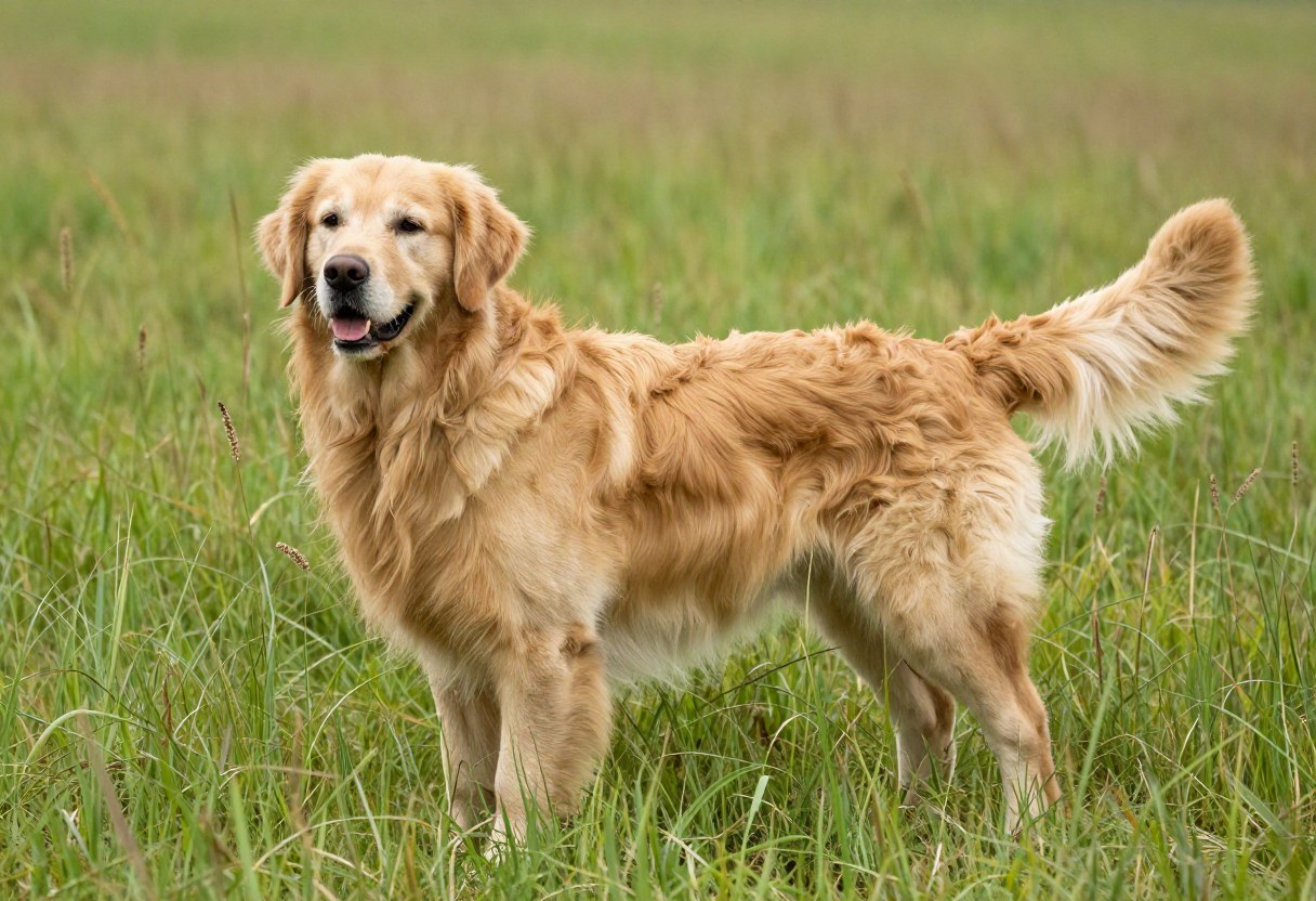 AI-generated photo of a golden retriever standing in a grassy field with a long feathered coat and plumed tail