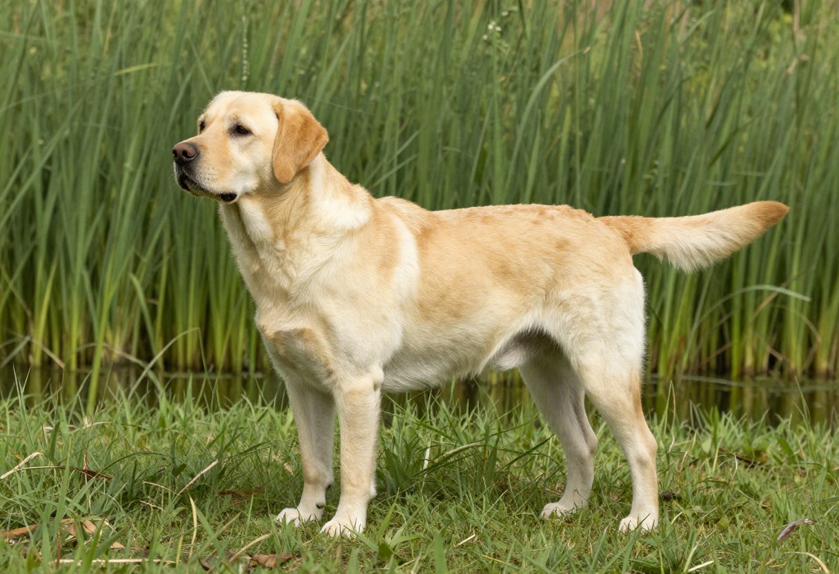 AI-generated photo of a pale yellow Labrador-type retriever standing beside tall reeds at the edge of a pond