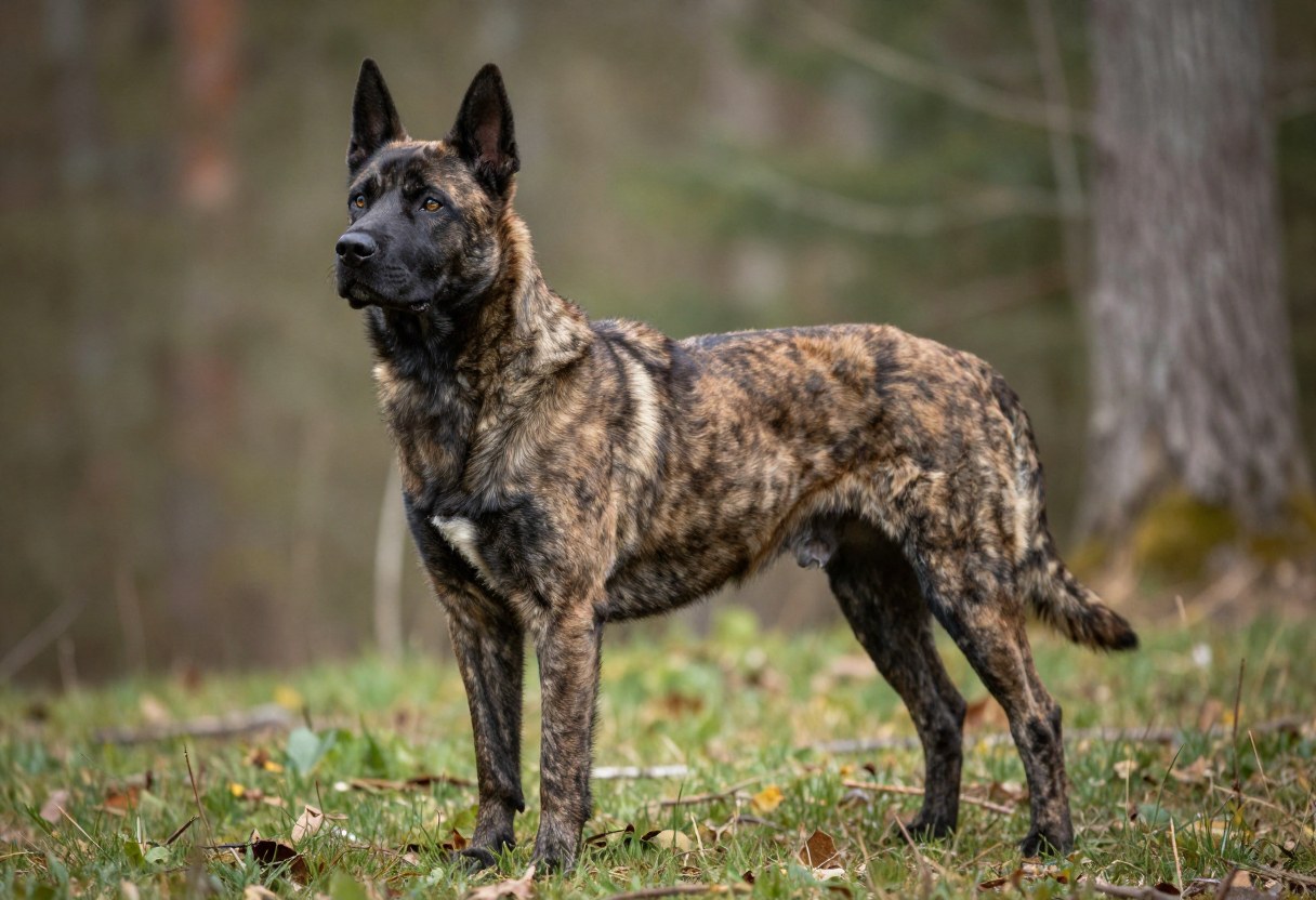 AI-generated photo of a muscular brindle dog with erect ears standing in woods