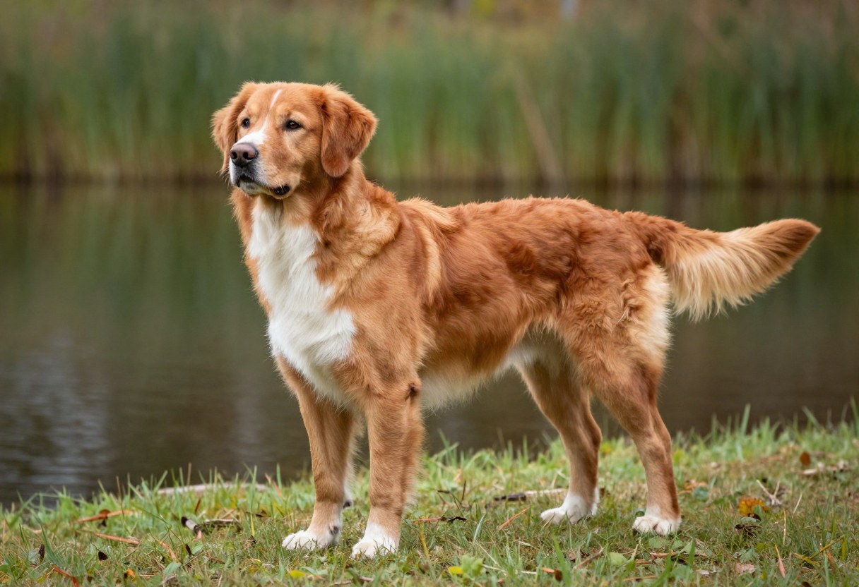 AI-generated photo of a red-orange retriever with a white chest and white feet standing beside a pond