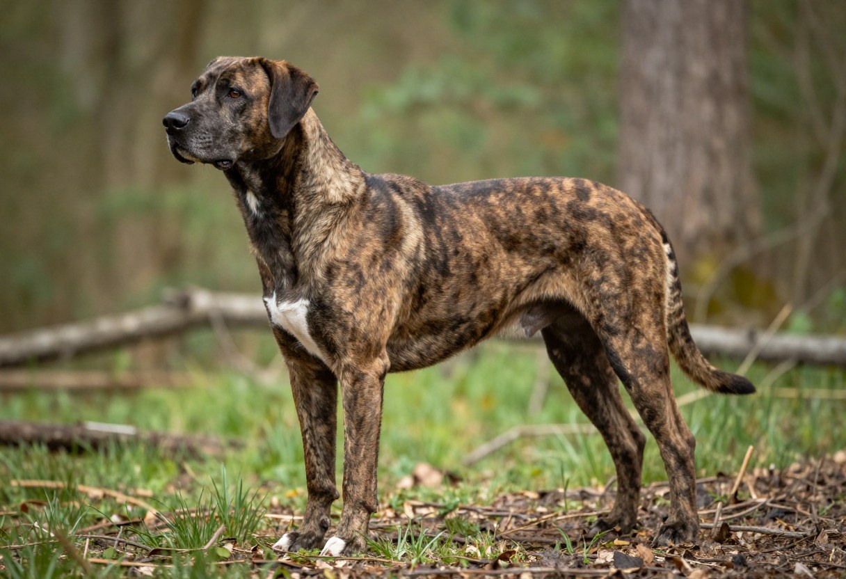 AI-generated photo of a muscular brindle hound with drooping ears standing in woods